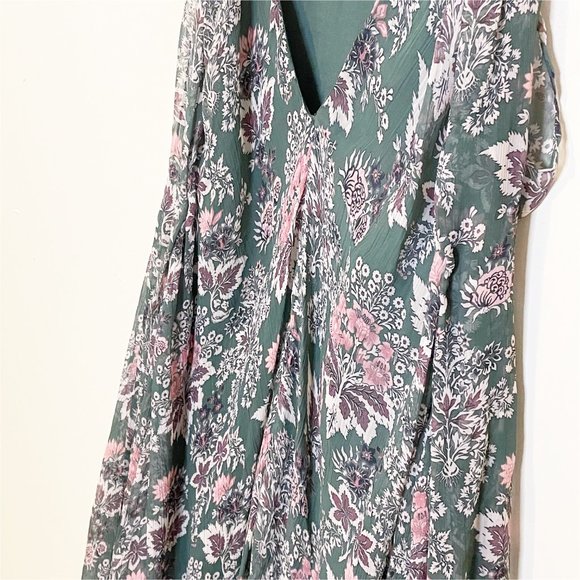 Anthropologie Let Me Be Green Pink Floral V Neck Ruffle Hem Swing Mini Dress S - Picture 4 of 12